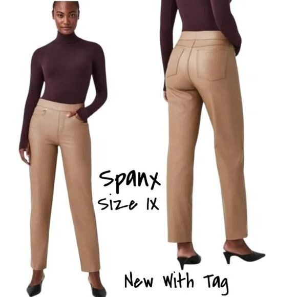 Plus Size 1X Spanx Slim Straight Pants in Toffee Faux Leather - New With Tags - Picture 1 of 5